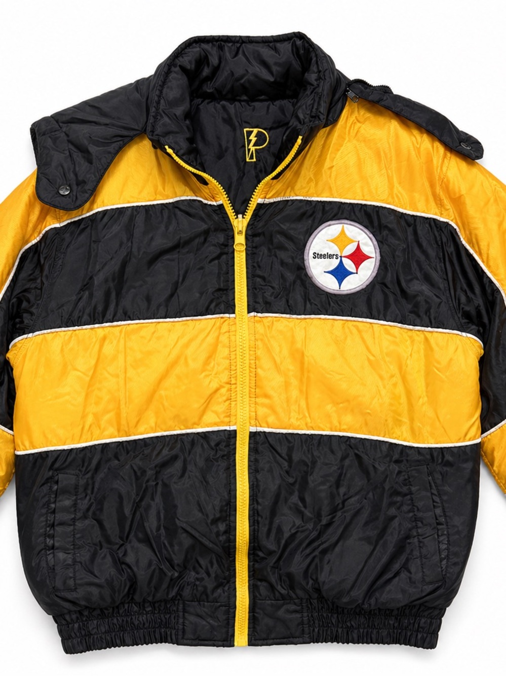 Vintage 90sPro Player Pittsburgh Steelers Puffer Jacket Black Gold Hooded Mens M